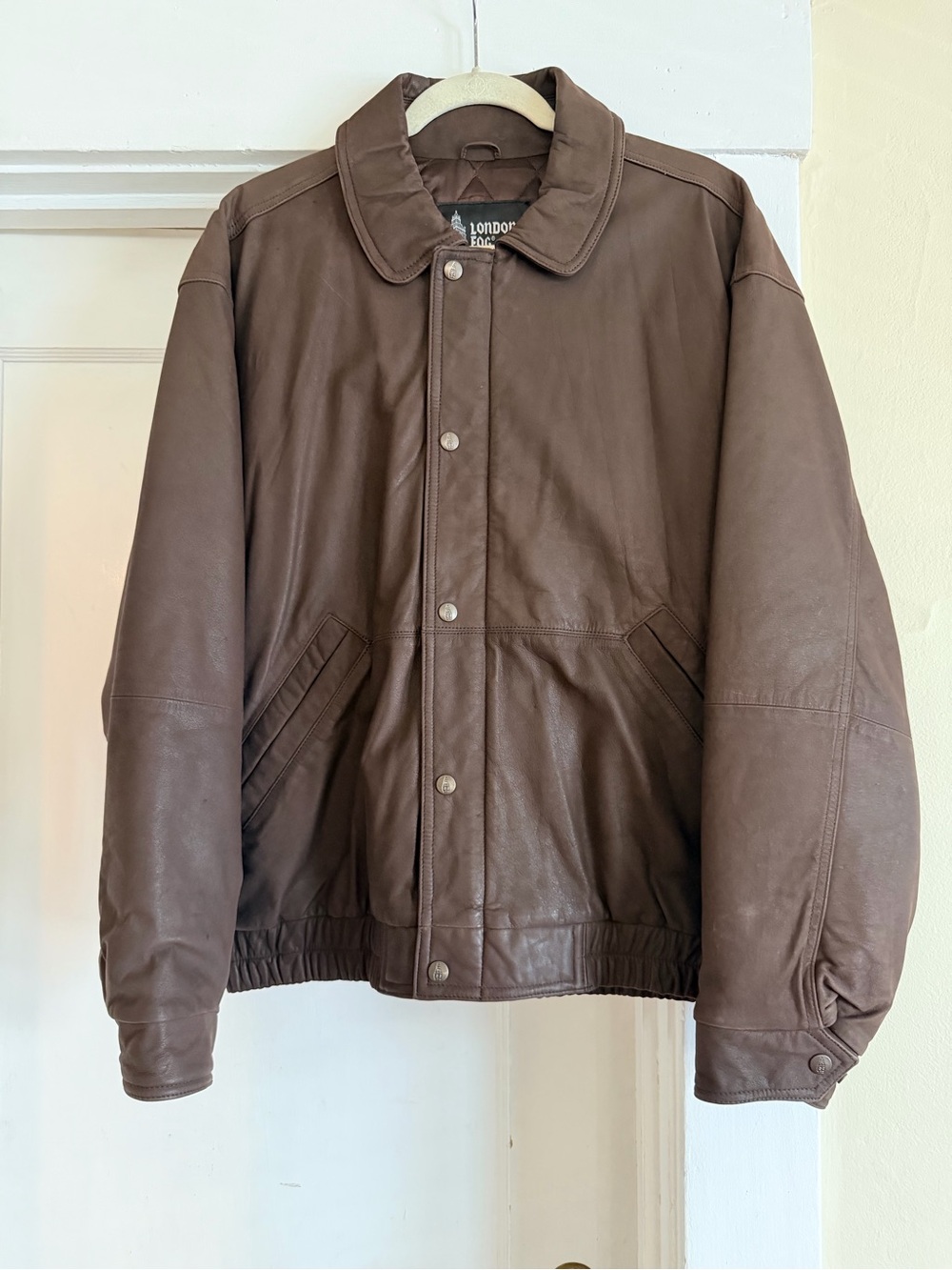 London Fog Brown Leather Bomber Jacket with Snap Front